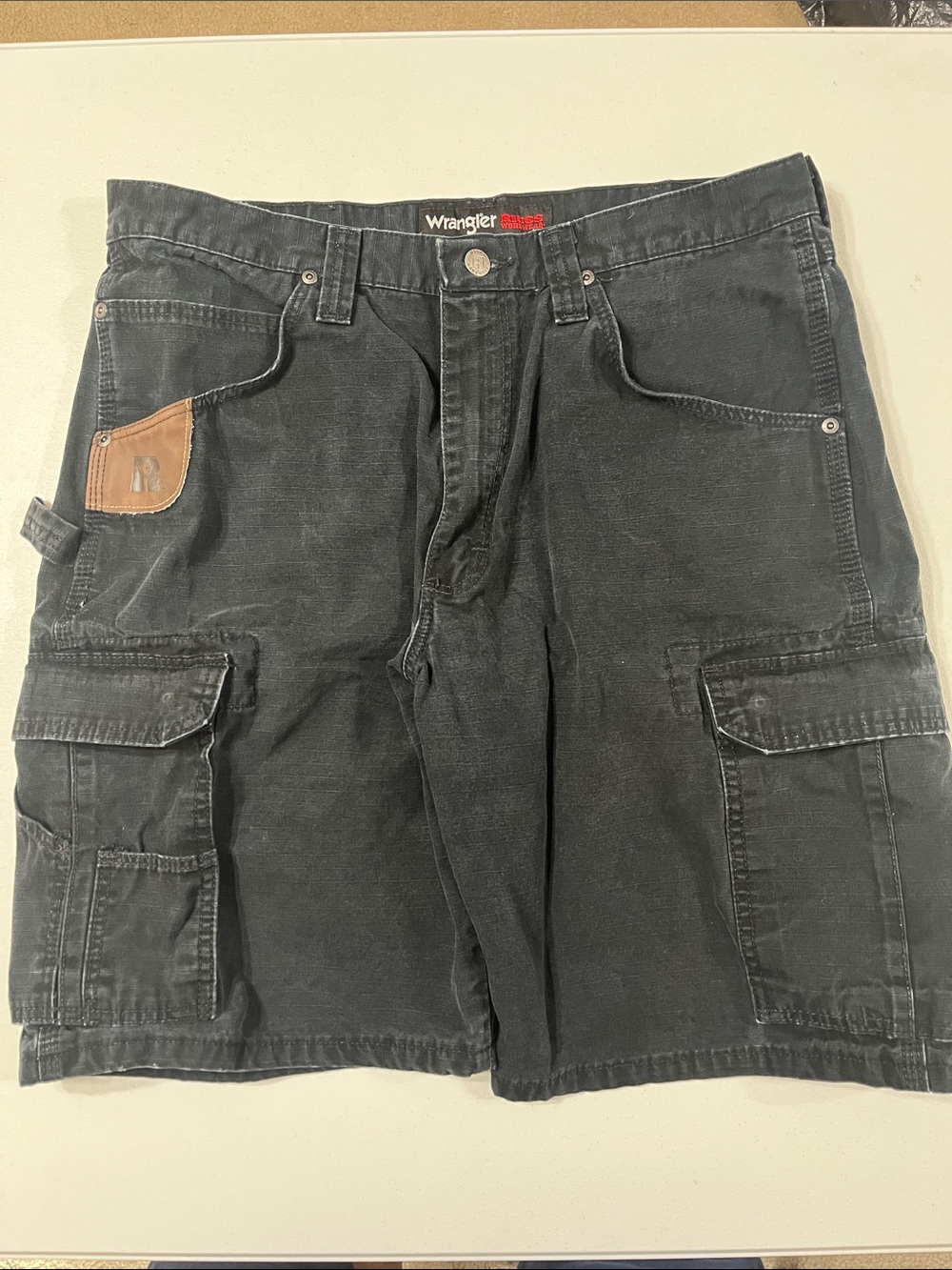 Wrangler Black Cargo Shorts with Brown Leather Accent